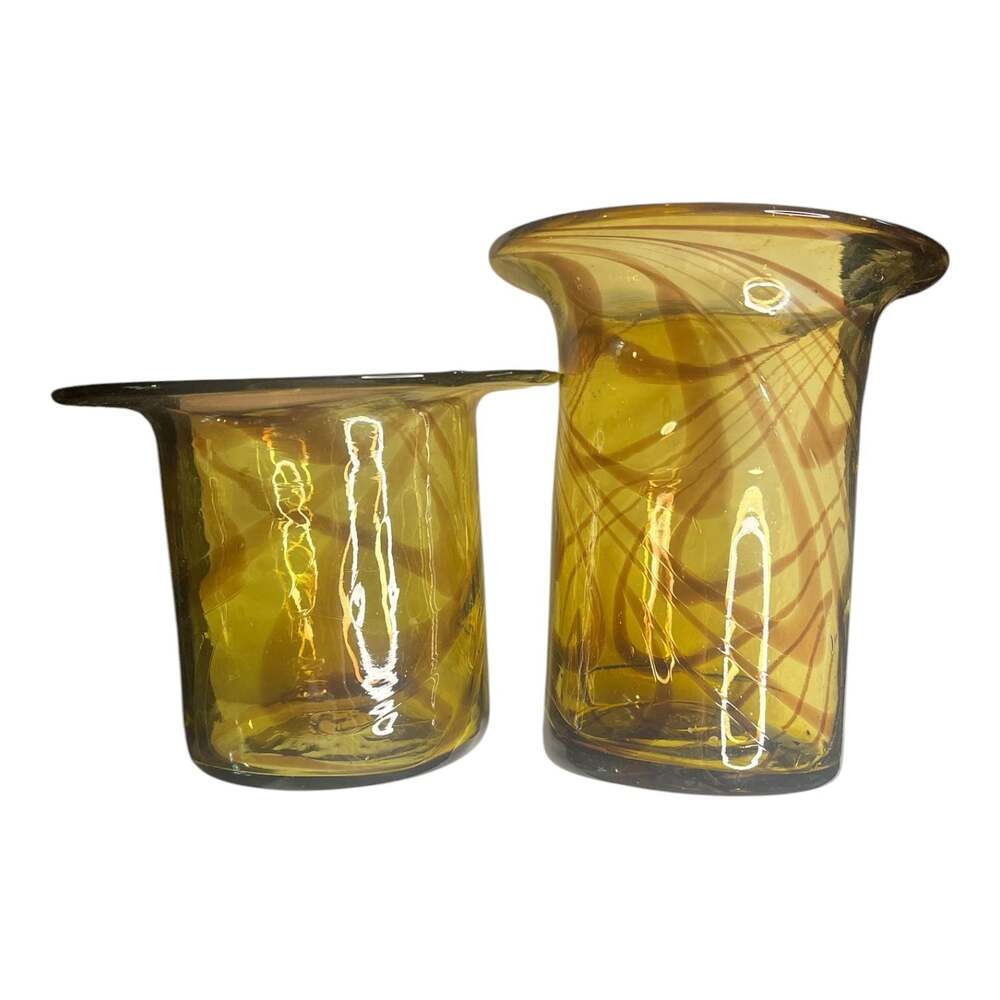 Vintage Hand Blown Art Glass Amber and Brown Swirl Tube Vase Set